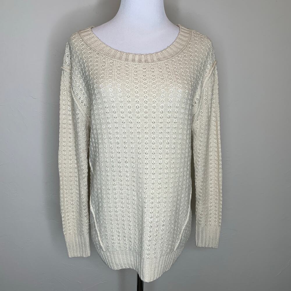 Beige Crew Neck Sweater Cotton Textured Sz Small